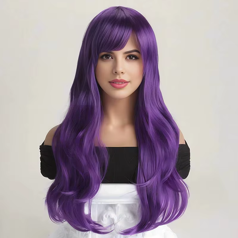 Perruque synthétique violette de 26 pouces avec grandes vagues pour cosplay d'Halloween