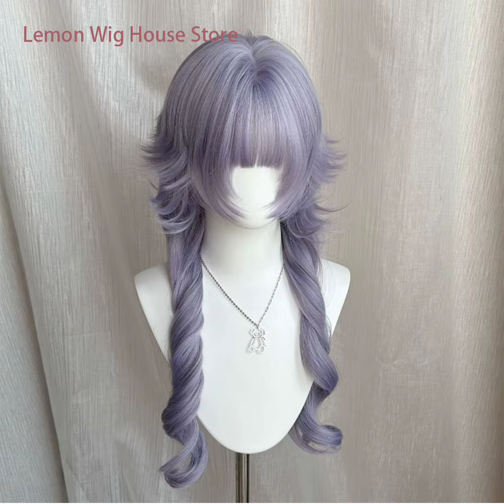 Perruque synthétique longue et bouclée violette avec frange
