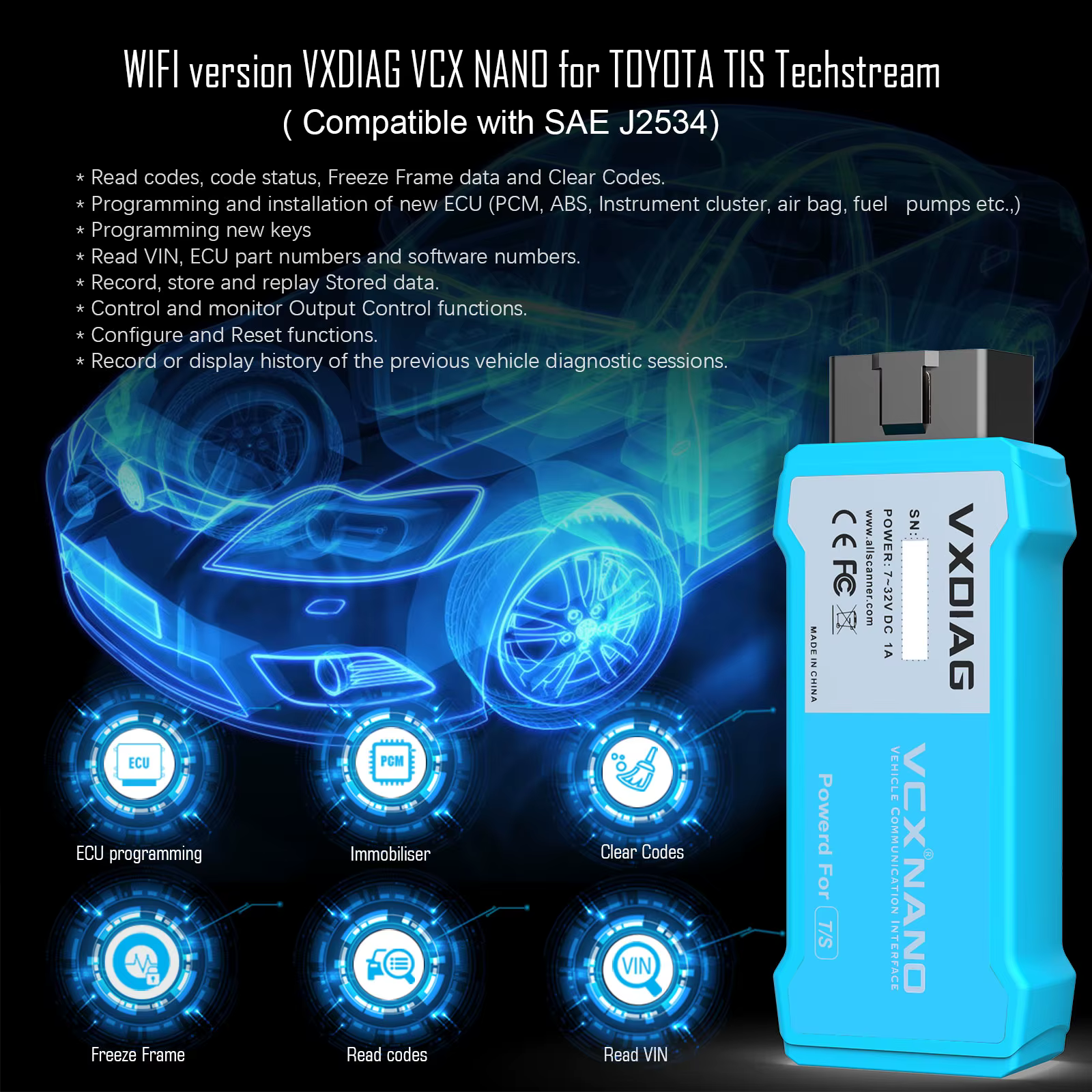 VXDIAG VCX NANO pour Toyota avec programmation ECU SAE J2534 pour Lexus, outils de diagnostic automobile, codage ECU, scanner OBD2, lecteur de code