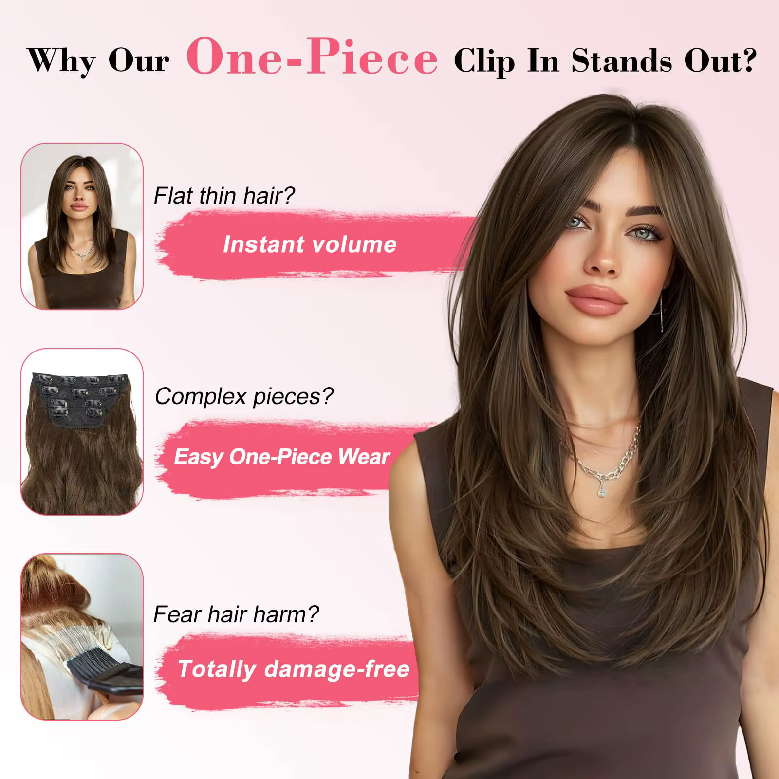 Extensions de cheveux noires à clipser pour femmes
