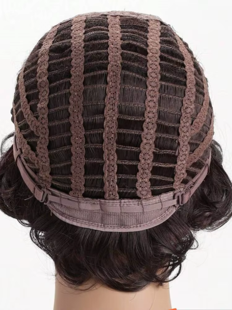 Perruque ondulée courte bouclée marron foncé avec frange de cheveux 100% perruques