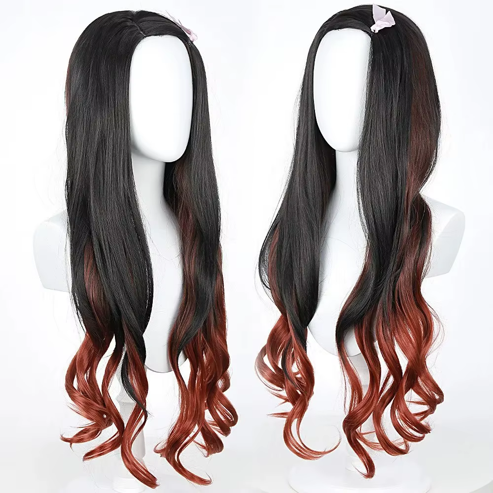 Perruque de cosplay Nezuko anime à cheveux longs bouclés