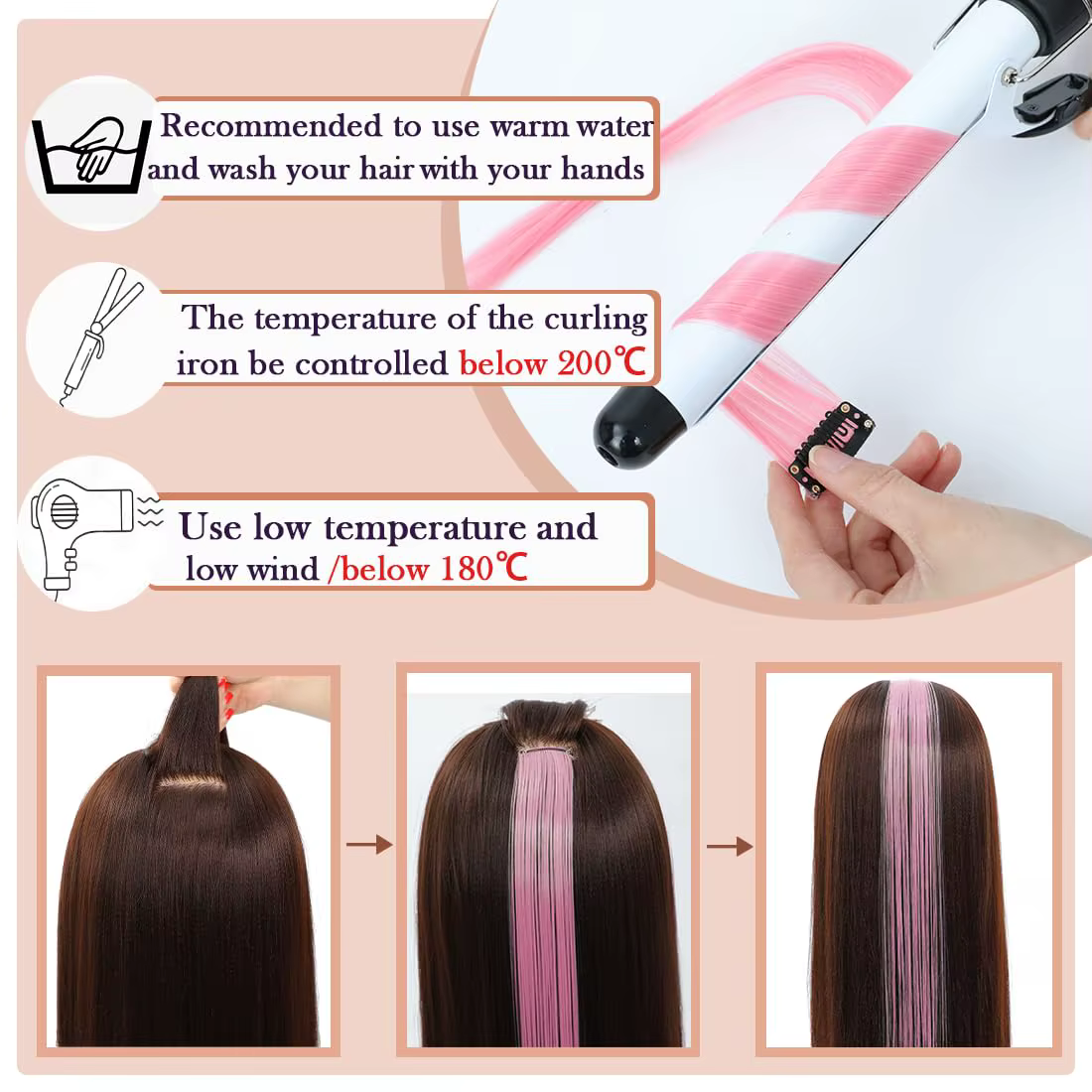 Extensions de cheveux synthétiques noires à clipser