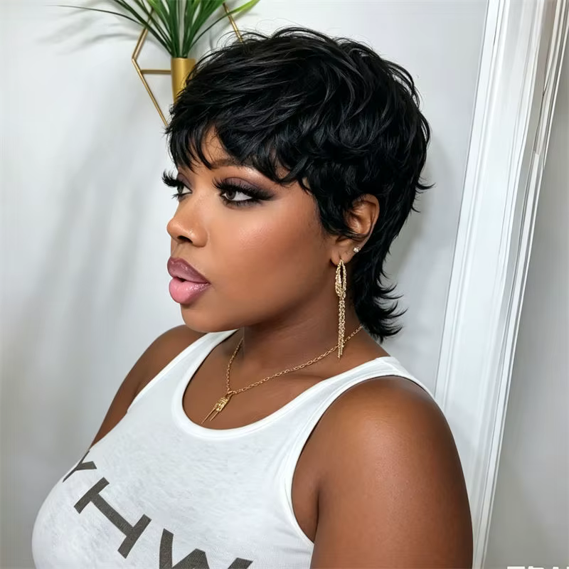 Perruque Mullet Pixie Cut noire naturelle