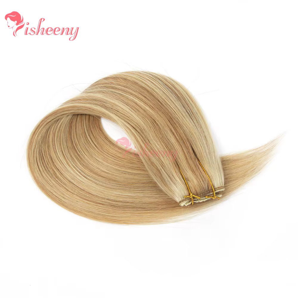 Extensions de cheveux naturels à clipser, une seule pièce, 14-22 pouces, blondes avec mèches, 5 clips sur trame de cheveux, légères