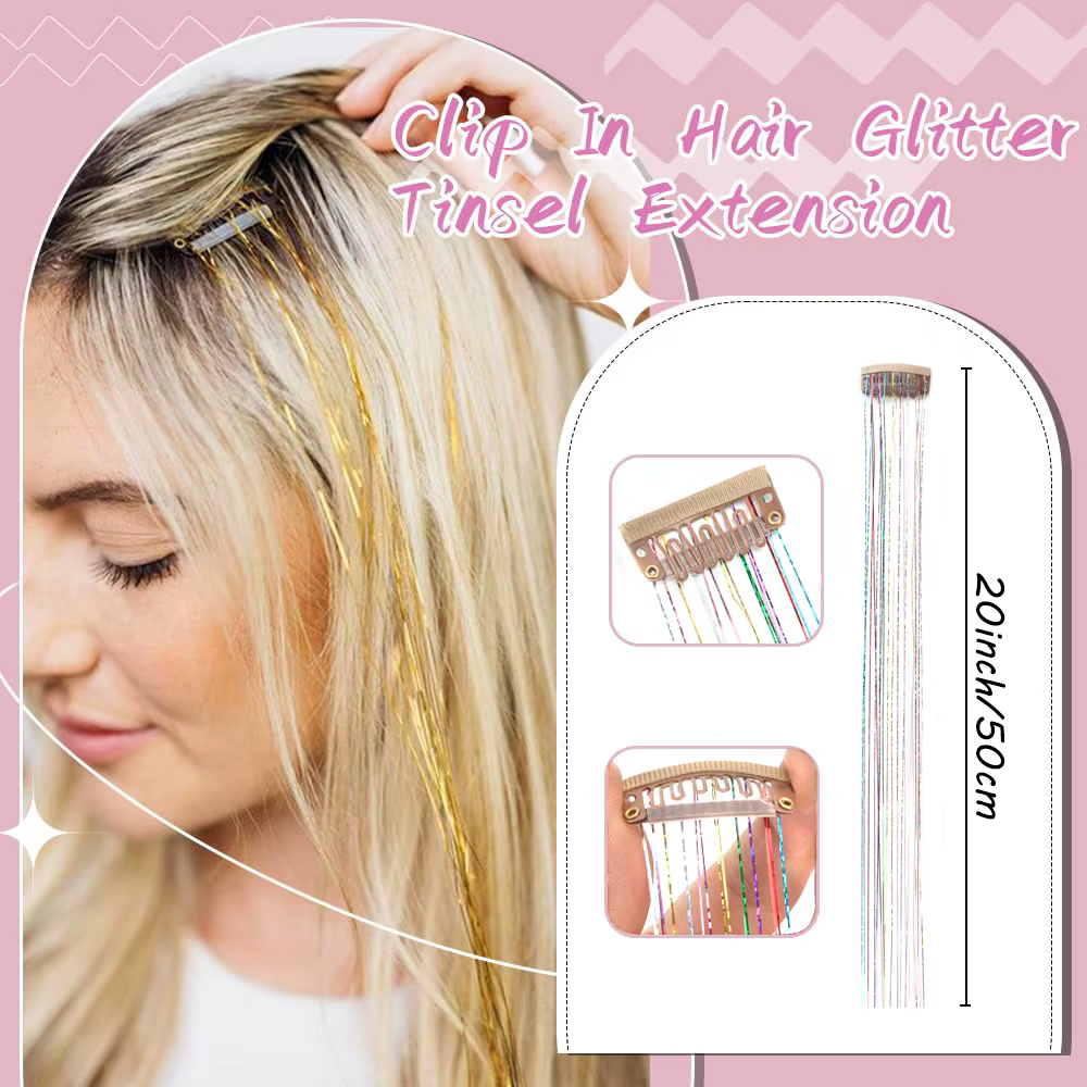 Kit de 12 mèches de cheveux scintillantes à clipser pour filles