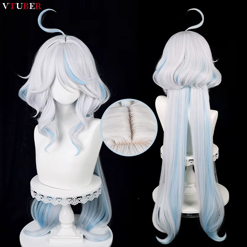 Perruque de cosplay Fontaine Focalors Furina, perruques longues de 100 cm, blanches et bleues, bouclées et ondulées, résistantes à la chaleur, pour cosplay d'anime + bonnet de perruque