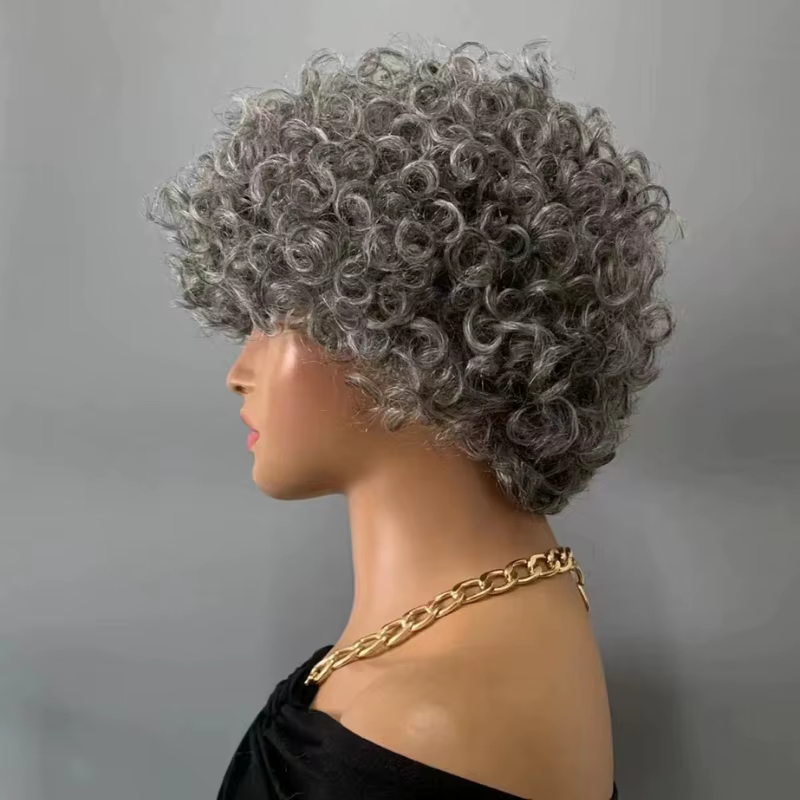 Miss Rola ondulé coupe lutin perruques 100% cheveux humains entièrement fait à la Machine gris et noir mettre en évidence perruque avec frange brésilienne Remy vagues