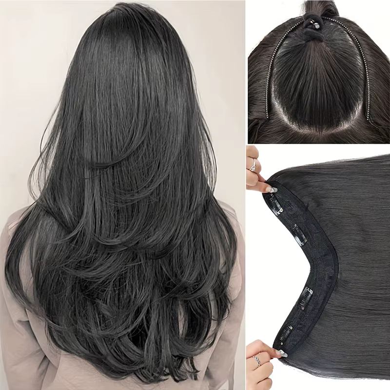 H & STAR-Extensions de cheveux synthétiques en forme de V, 22 pouces, bien mélangés, longs, raides, ondulés, extension de cheveux bruns