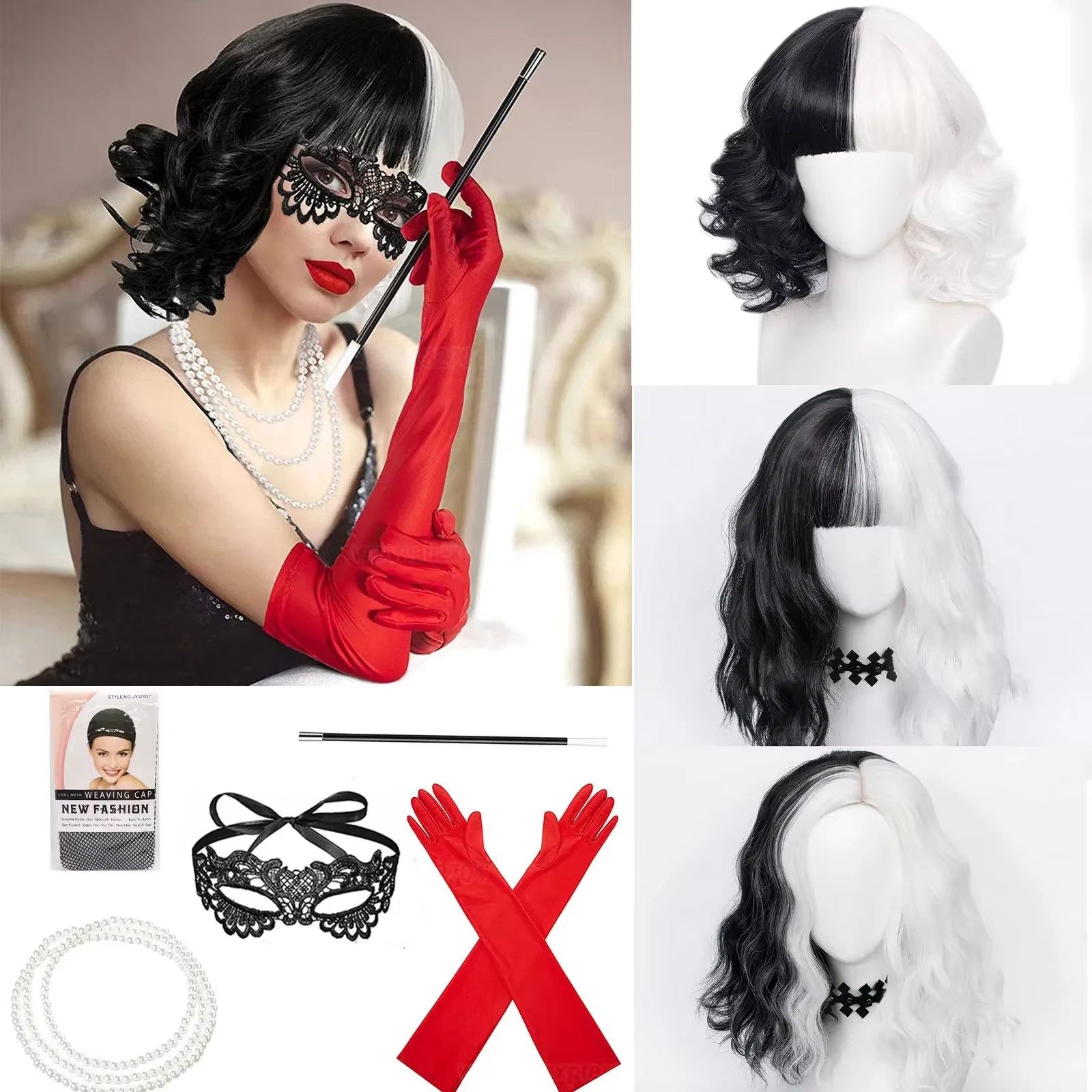 Anime Cruella de Vil Cosplay perruque accessoires Cruly moitié noir
