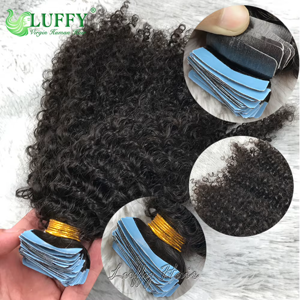 Extensions de cheveux humains bouclés crépus à bandes adhésives