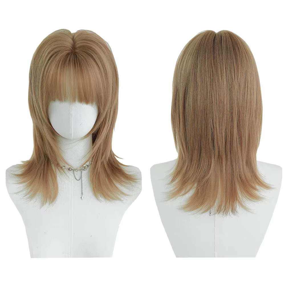 Perruque synthétique de coiffure mulet bleue avec frange