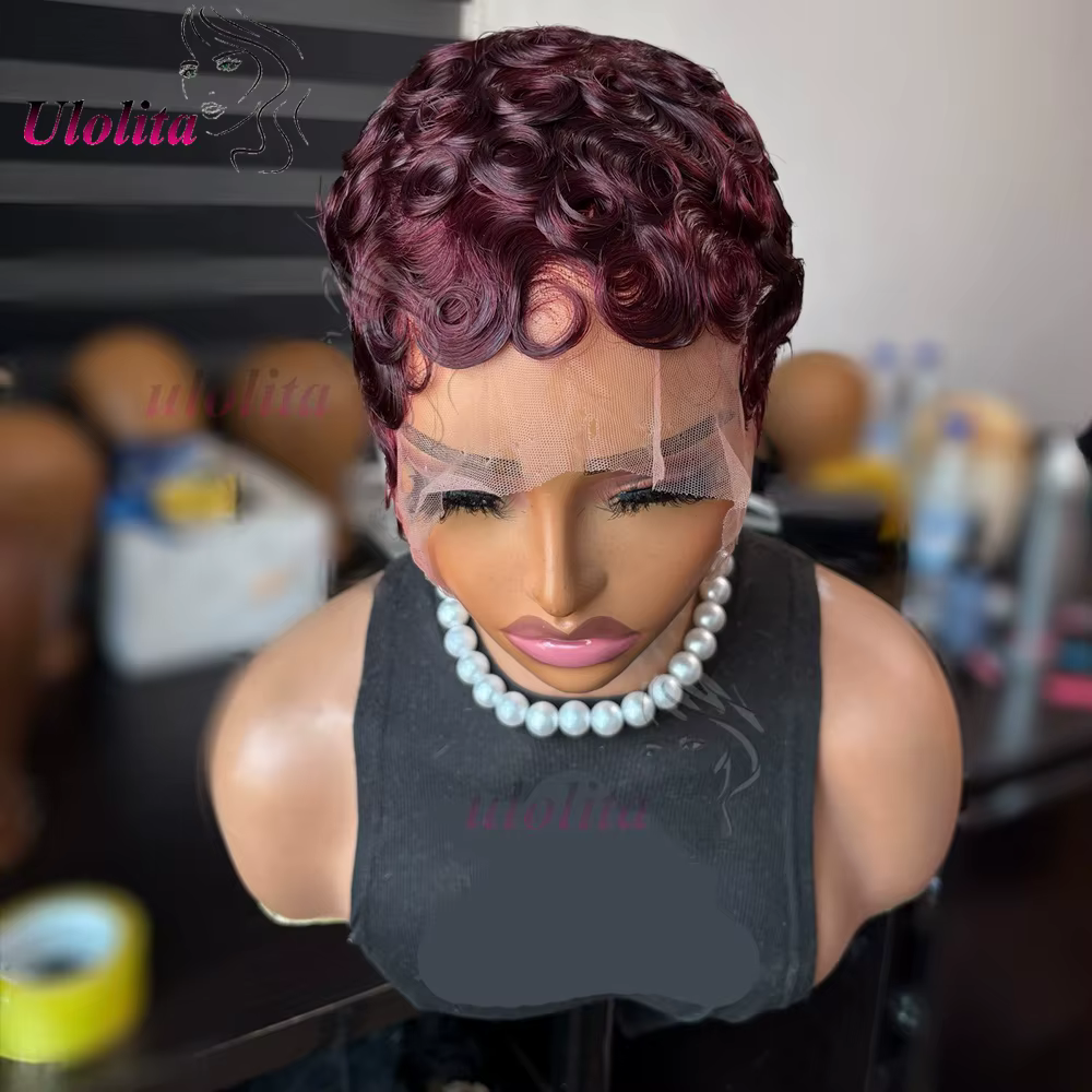 Perruques Courtes pour Femmes Noires Cheveux Humains Bourgogne 99J Chic Sans Colle Ondulées Coupe Pixie Perruque