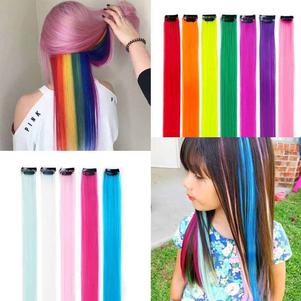 Extensions de cheveux colorées synthétiques 22 pouces lisses orange vert à clipser