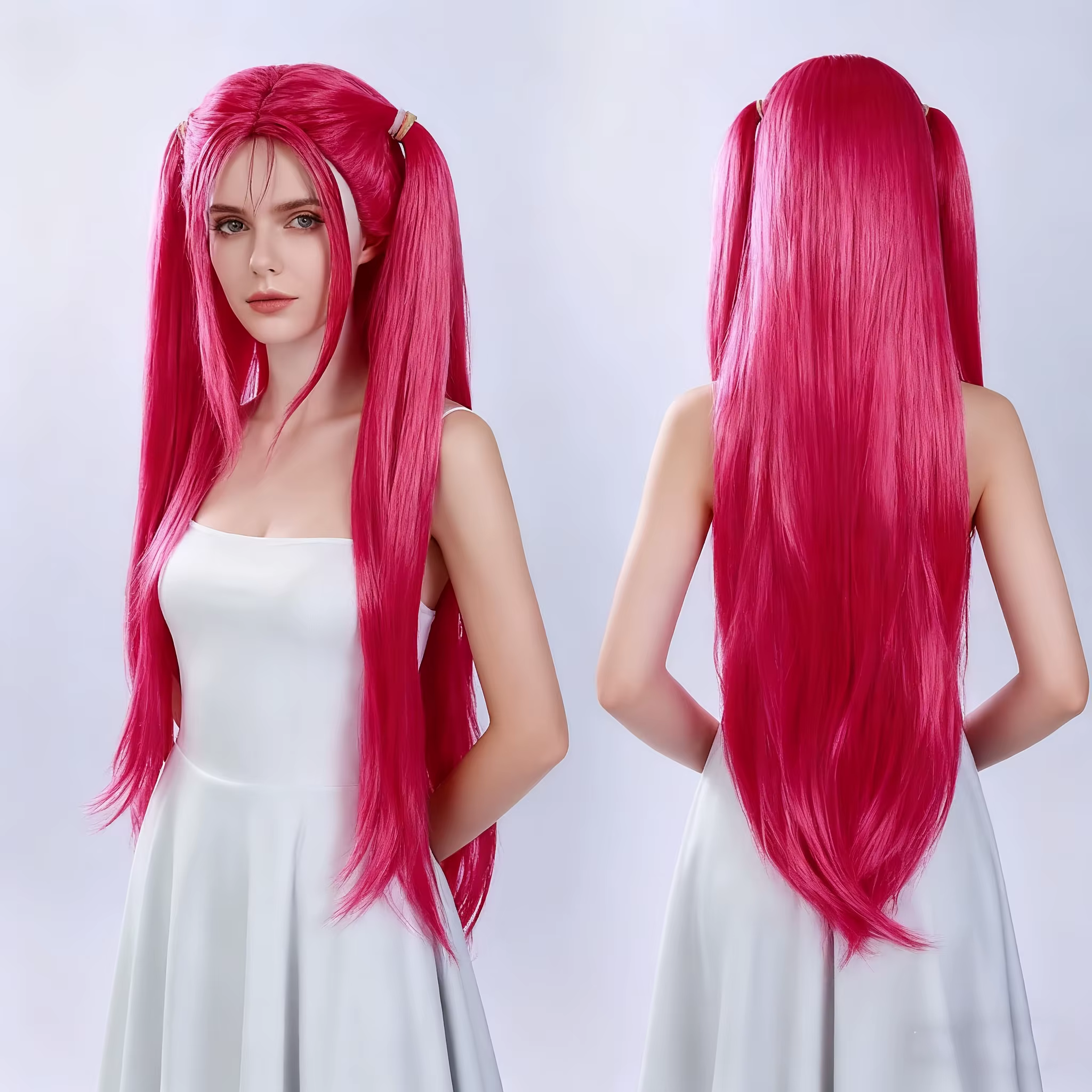 Perruque Anime longue rose avec motif double queue – Fibre synthétique résistante à la chaleur