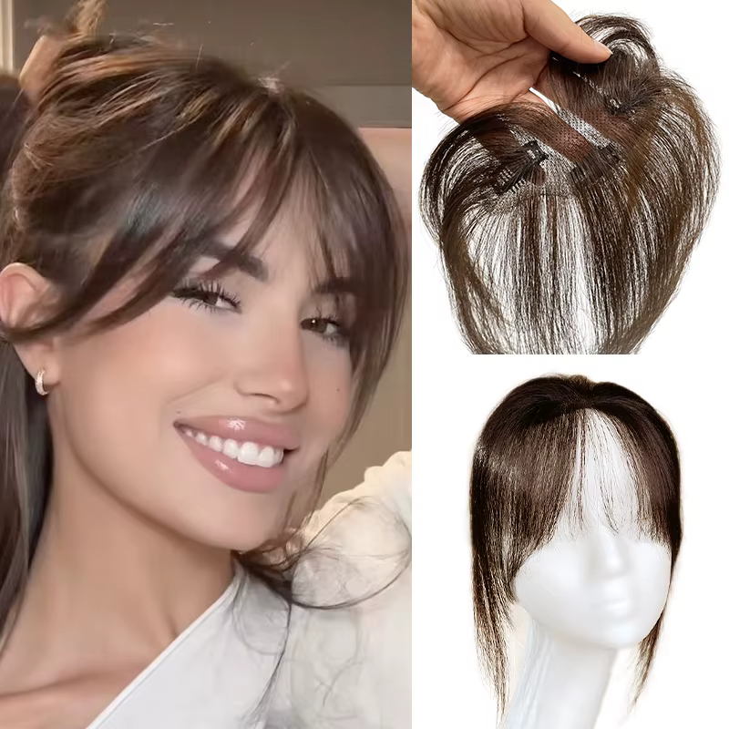 Extension de Cheveux 100% Naturels Gris avec Frange Française 3D