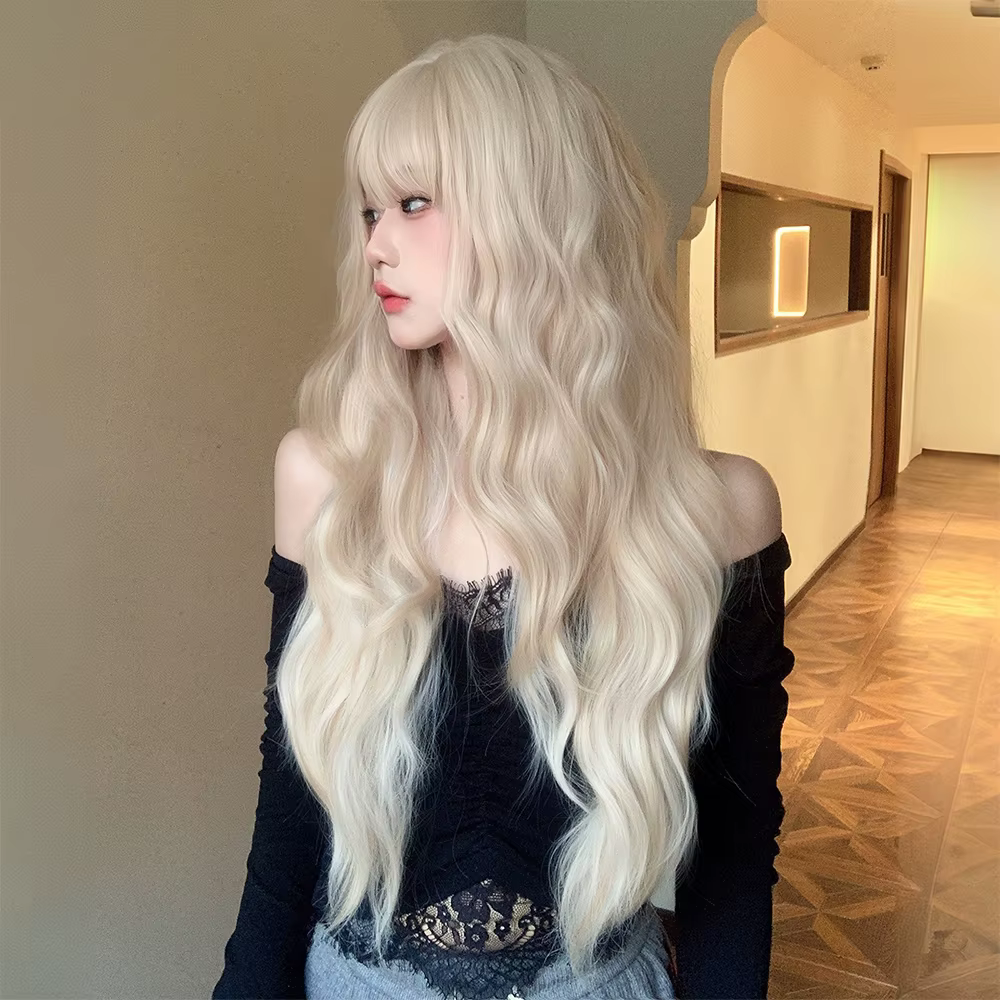 Perruque blonde ondulée naturelle avec frange, longue et bouclée, pour femmes, usage quotidien, fête, cosplay, perruque synthétique résistante à la chaleur