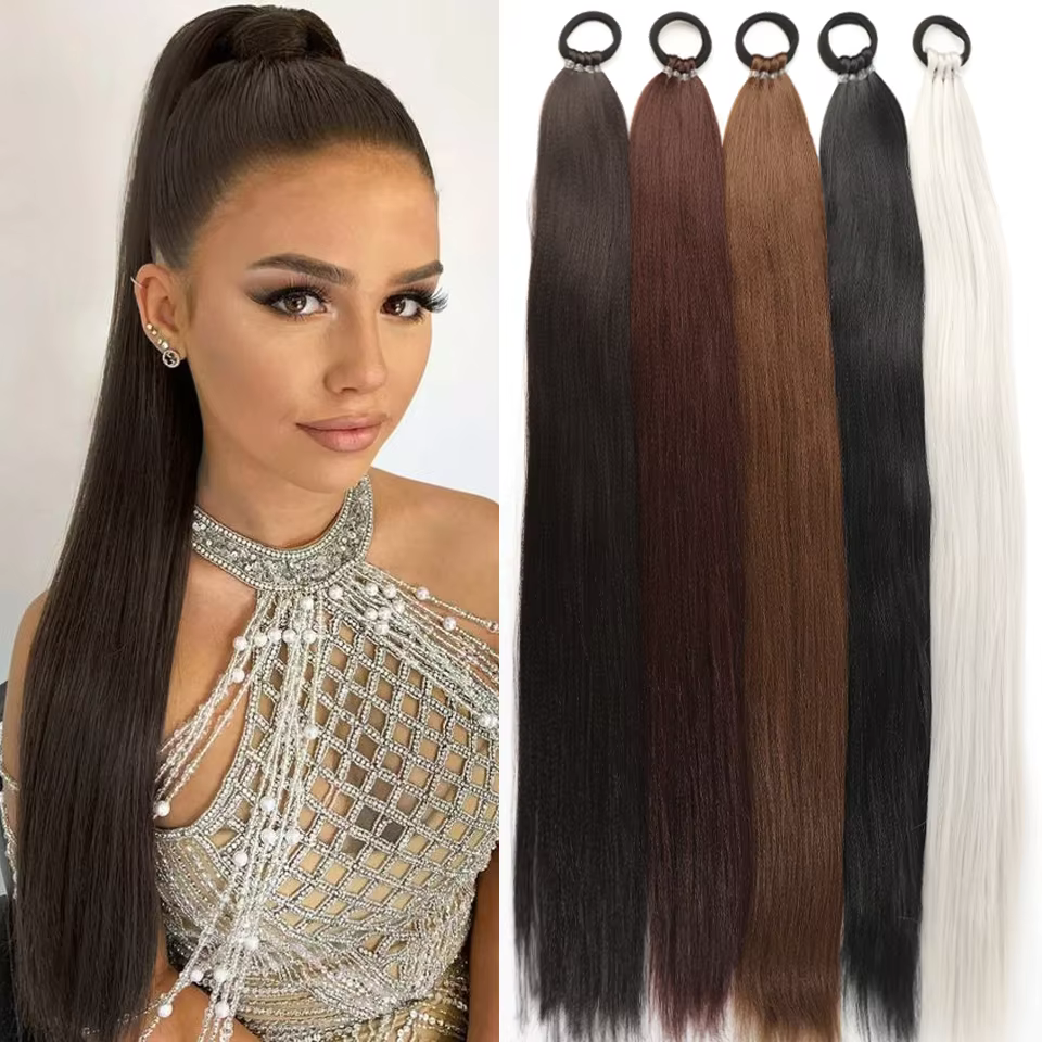 Queue de cheval droite synthétique de 28 pouces avec Extensions de cheveux élastiques à la mode pour un usage quotidien