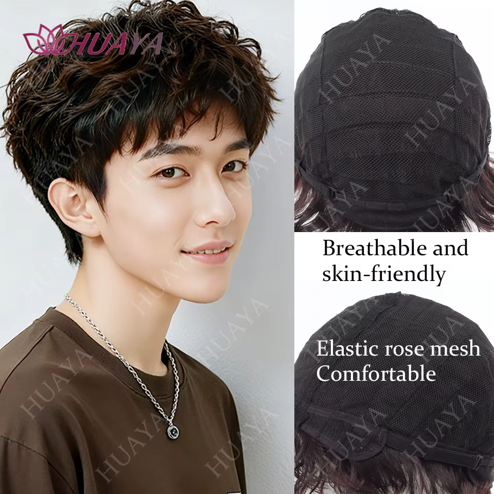 Perruque courte ondulée bouclée pour hommes, beau maïs, mode chaude, fibre synthétique, soie haute température, couverture complète de la tête
