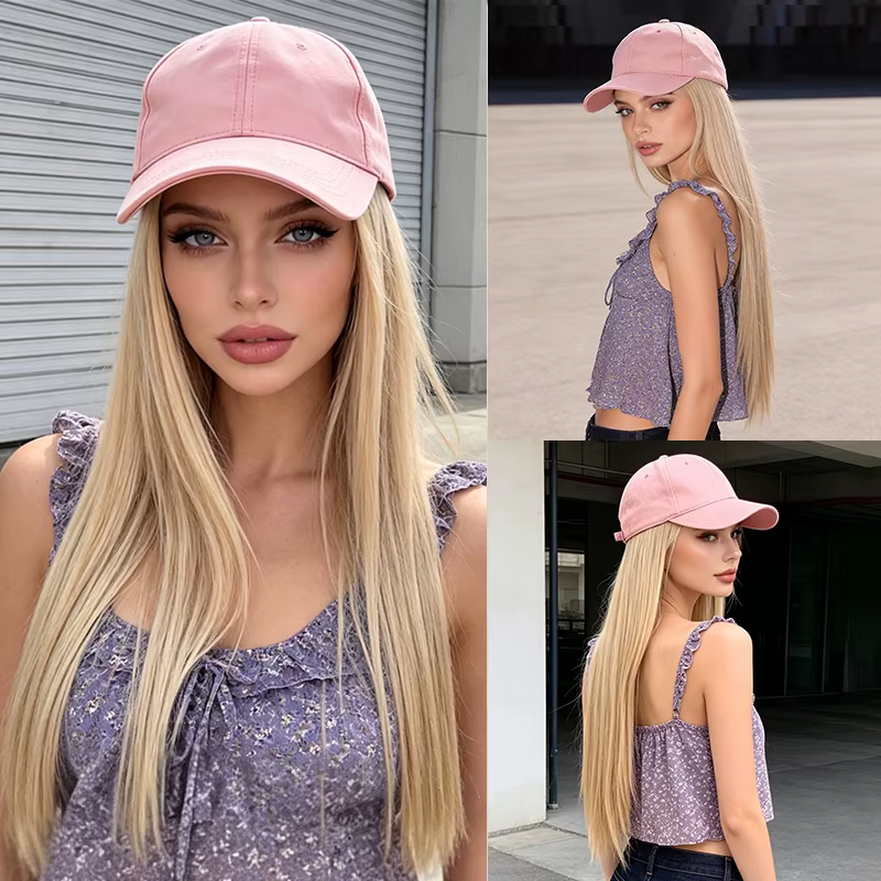Casquette de baseball rose tendance avec perruque synthétique à cheveux blonds longs – Légère