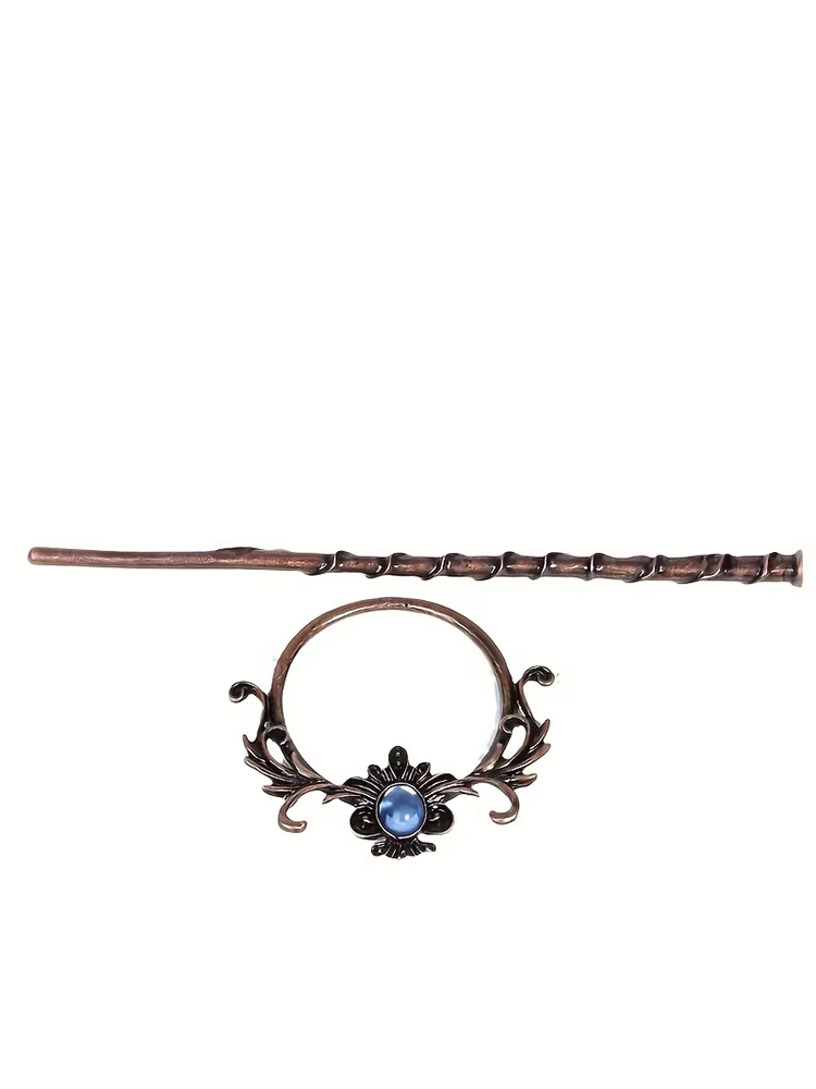 1 pièce de bâton de cheveux de style vintage : cuivre – Tonifié avec une gemme bleue et un motif floral orné