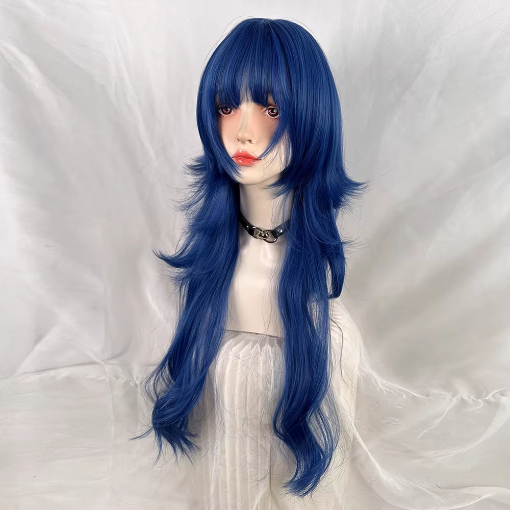 Perruque synthétique longue ondulée bleue avec tête de méduse