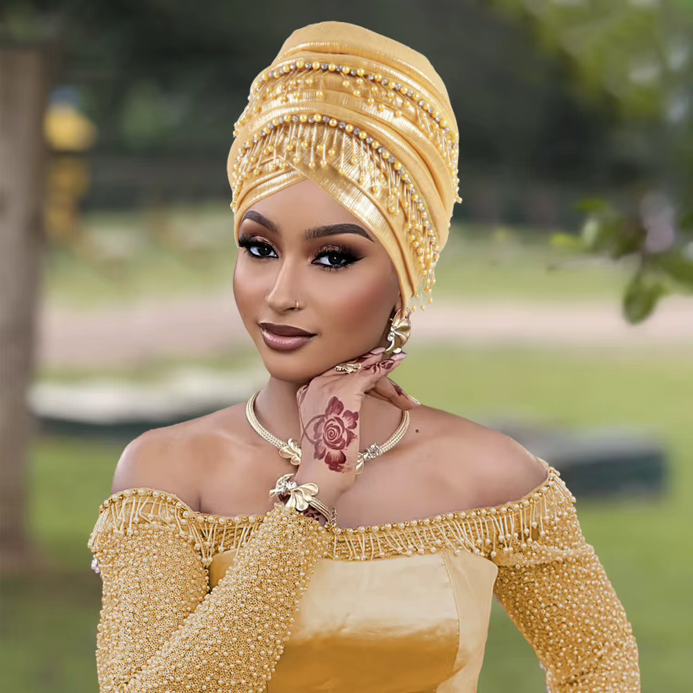Couvre-chef africain femmes perles glands Turban casquette mariage nigérian Auto Gele fête casque tête enveloppement Hijab Bonnet chapeau coiffure