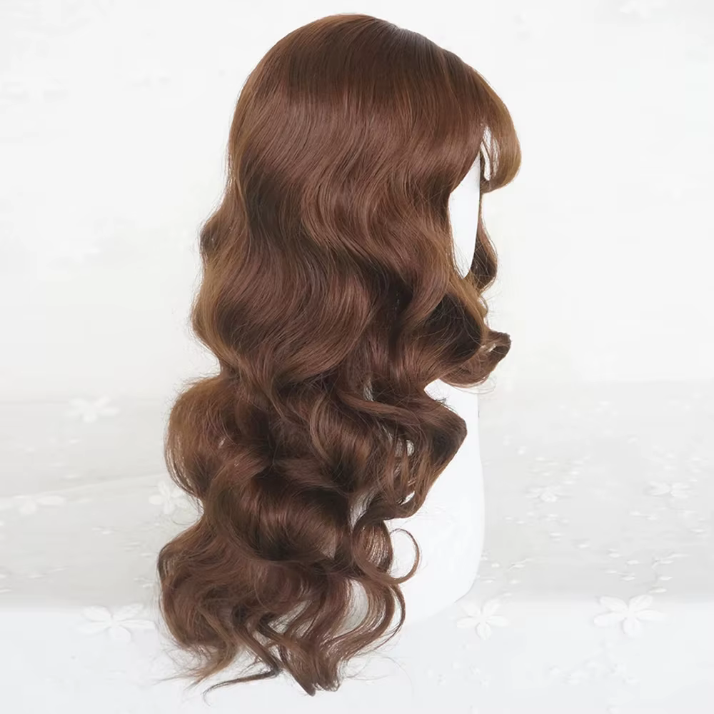 Perruque synthétique longue bouclée ondulée châtain brun avec frange pour femme, style gothique Lolita et usage quotidien, cheveux artificiels réalistes