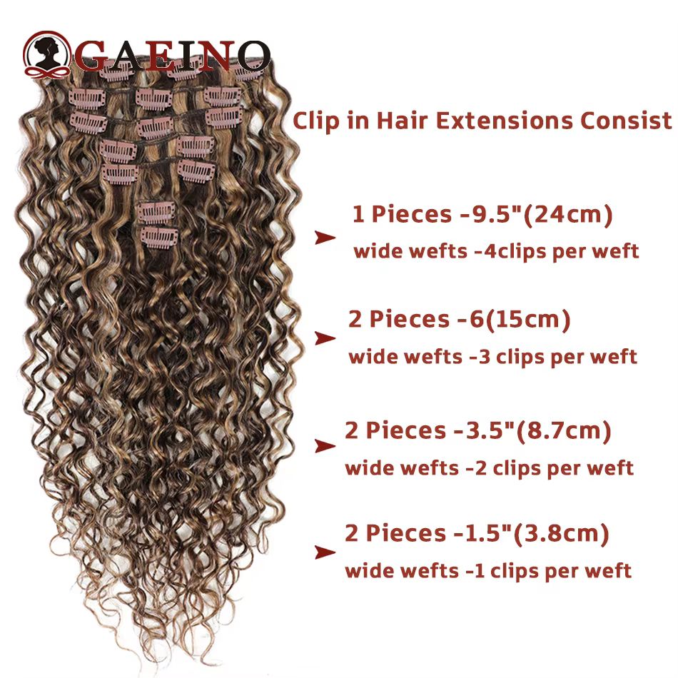 Extensions de cheveux bouclés à clipser, vagues d'eau, châtaigne agaçante, reflets blonds bronzés, 7 pièces par ensemble