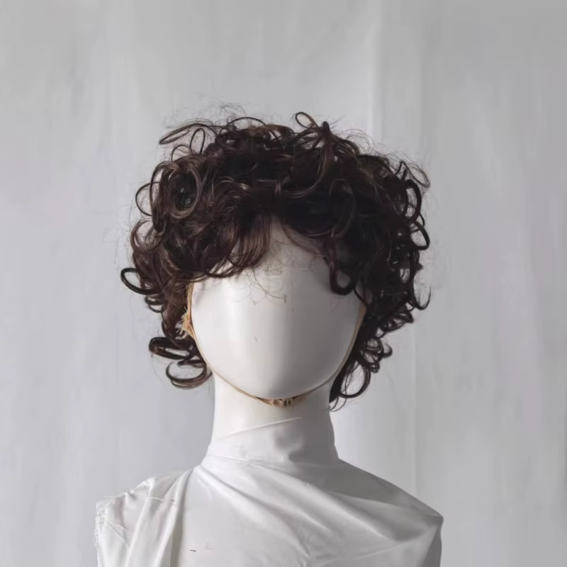 Perruque Courte Bouclée Marron Foncé en Fibre Synthétique pour Hommes – Extensions Capillaires Respirantes et Fraîches
