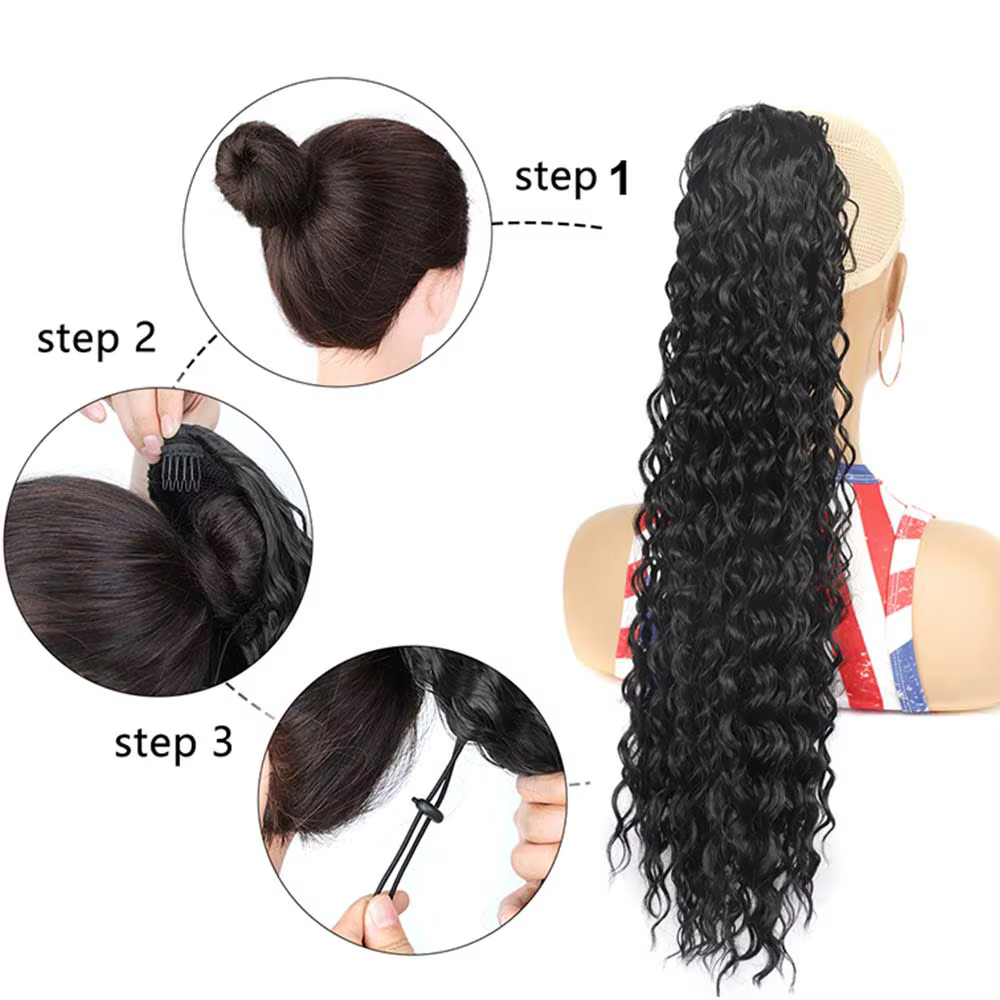 Extensions queue de cheval bouclée synthétique à Clip avec cordon de serrage
