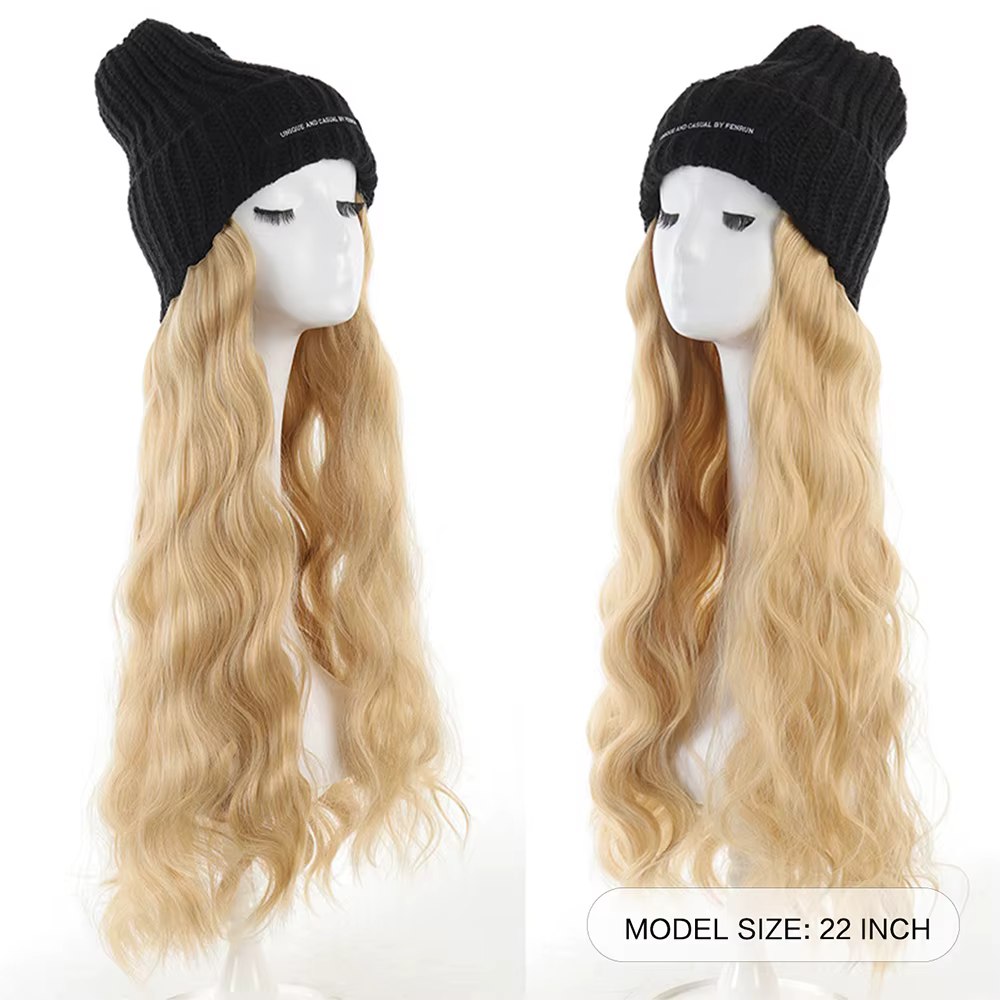 Bonnet en tricot avec extensions de cheveux synthétiques longues et ondulées intégrées