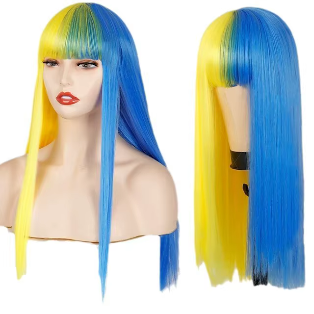 Perruques pour femmes perruque jaune et noire cheveux longs raides