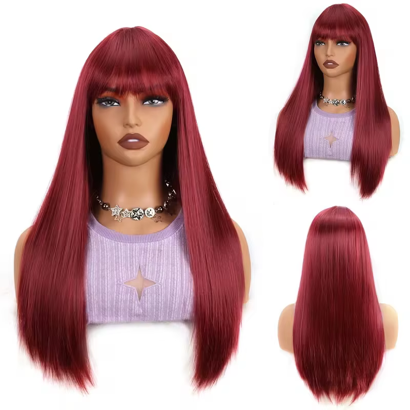 Perruque synthétique couleur vin rouge pour cheveux raides