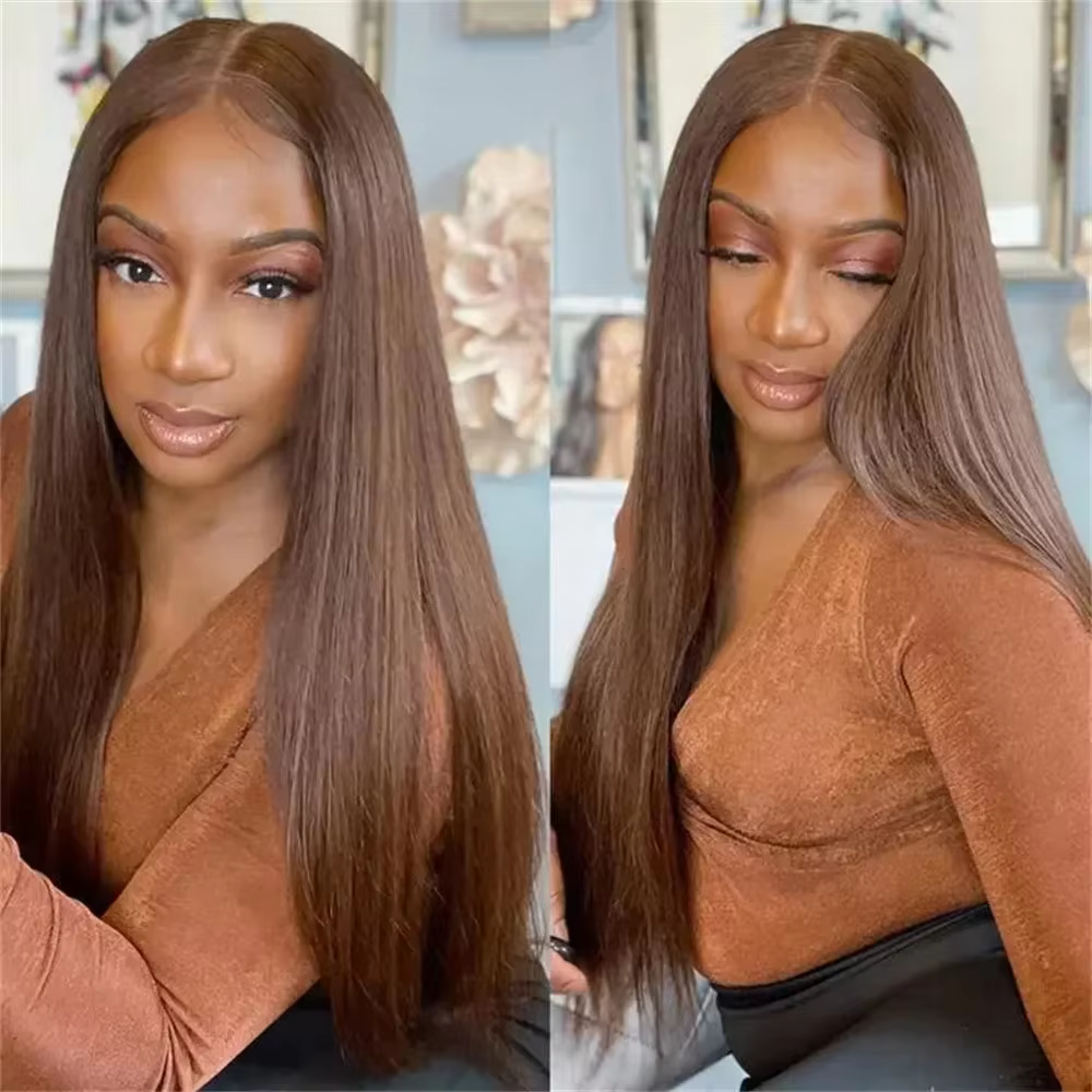 13x6 HD chocolat brun os droite dentelle avant perruque 36 pouces