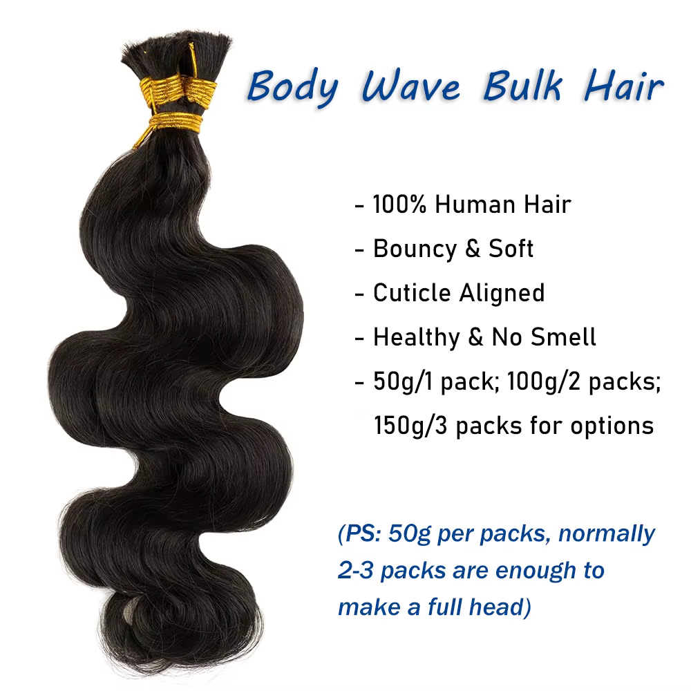 Vague de corps cheveux en vrac pour tressage 50G 100% Extensions