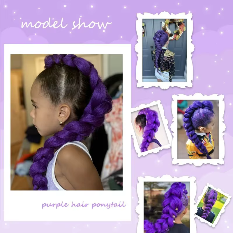 Extensions de queue de cheval tressée violette de 18 pouces avec pinces à cheveux dorées