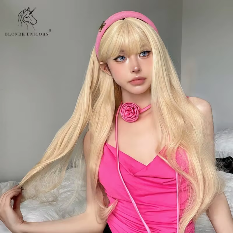 Perruque synthétique longue ondulée licorne Blonde dorée naturelle avec frange
