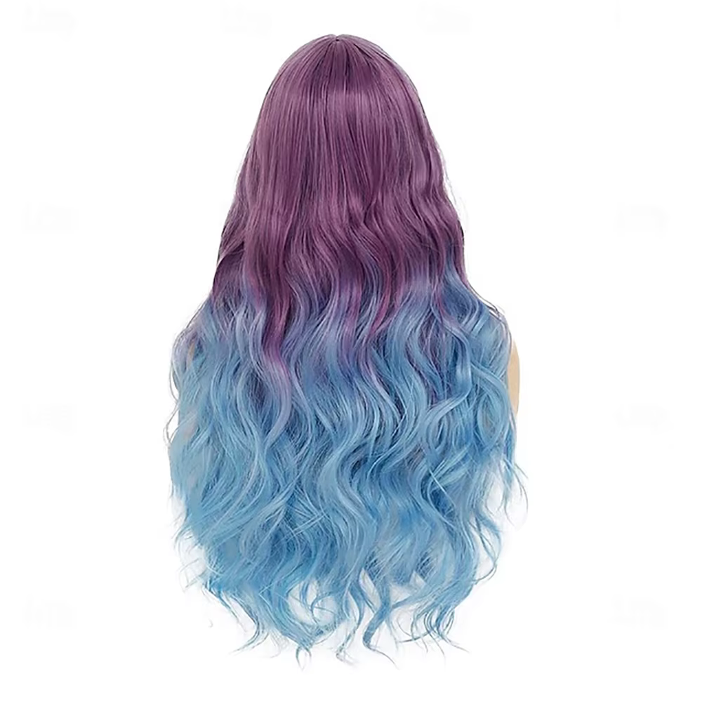 Perruque de carnaval de cheveux synthétiques bleu violet ombré bouclés ondulés longue