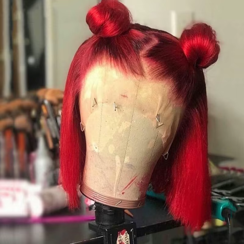 Perruque Bob rouge cheveux humains droite courte Bob dentelle perruques pour les femmes noires brésiliennes pré-épilées
