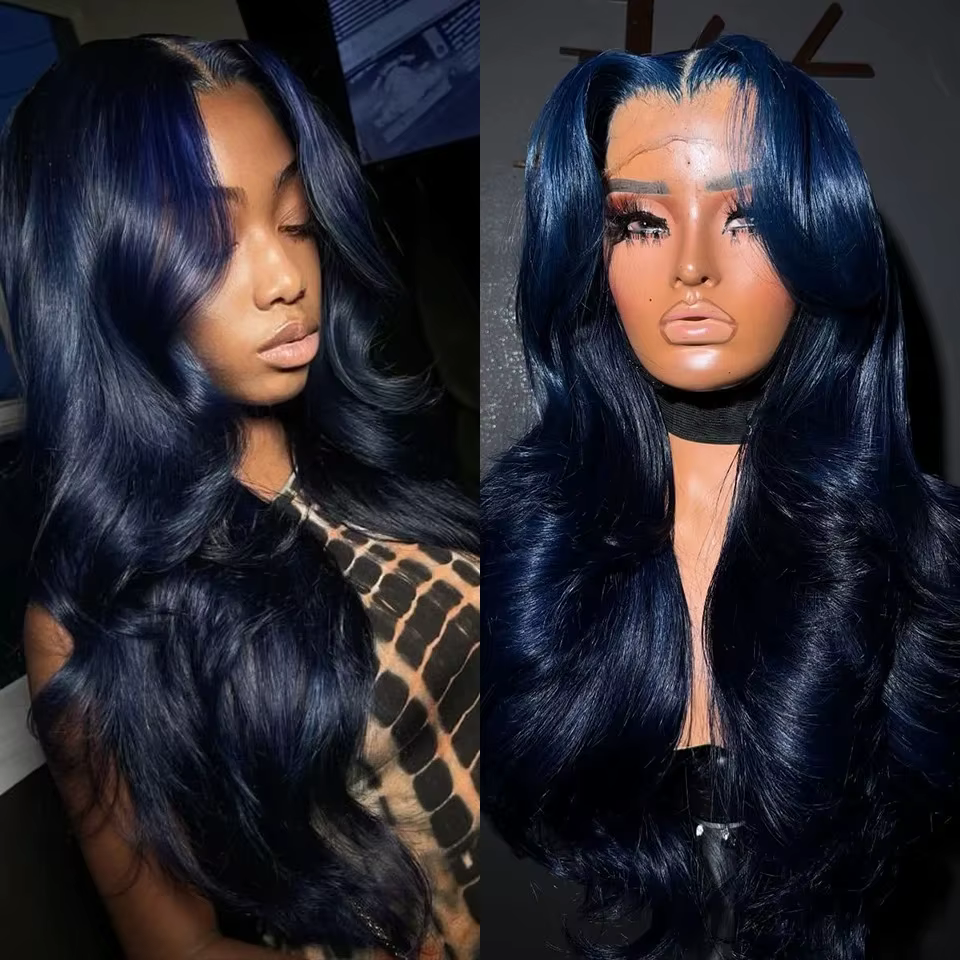 Perruque Lace Frontal Wig synthétique bleu foncé 13x4 HD