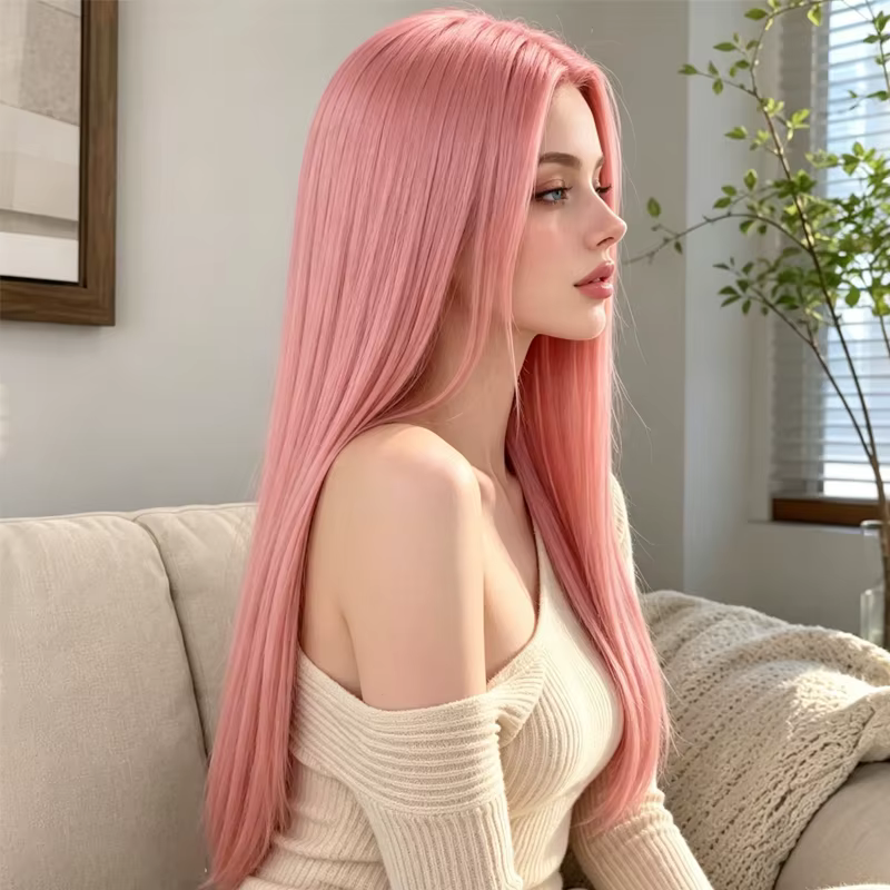 Perruque synthétique élégante rose longue et droite de 28 pouces, soigneusement coiffée avec une raie au milieu, créant un look sophistiqué pour les femmes.