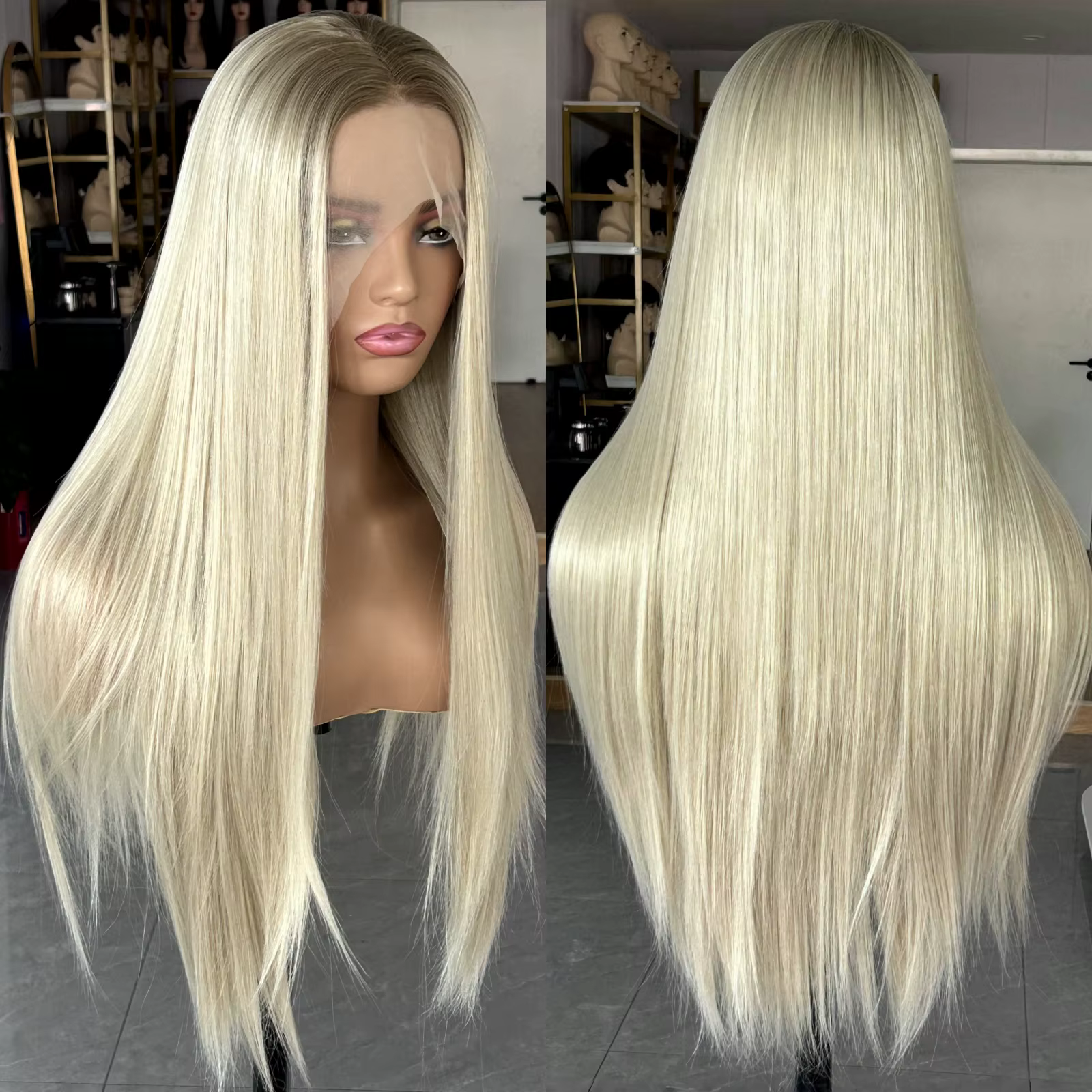 Perruque synthétique lisse longue blonde ombrée pour femmes