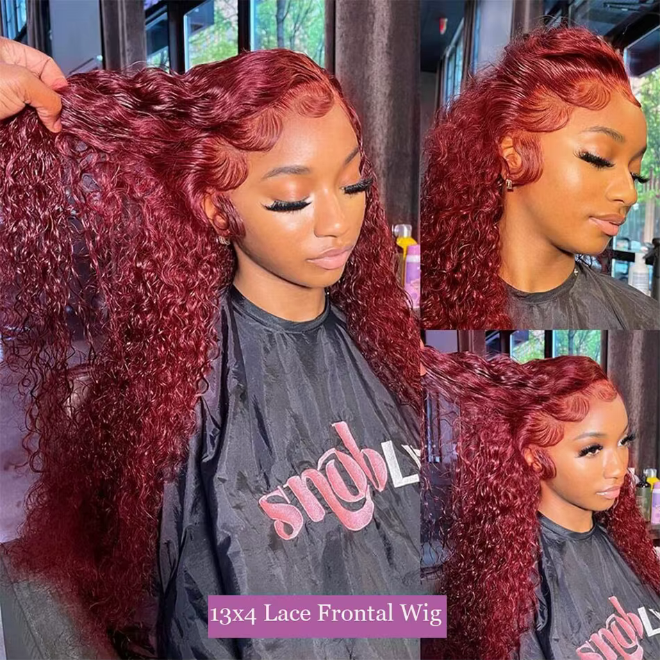 Perruque Lace Front Wig Naturelle Bouclée Rouge Bordeaux 99J