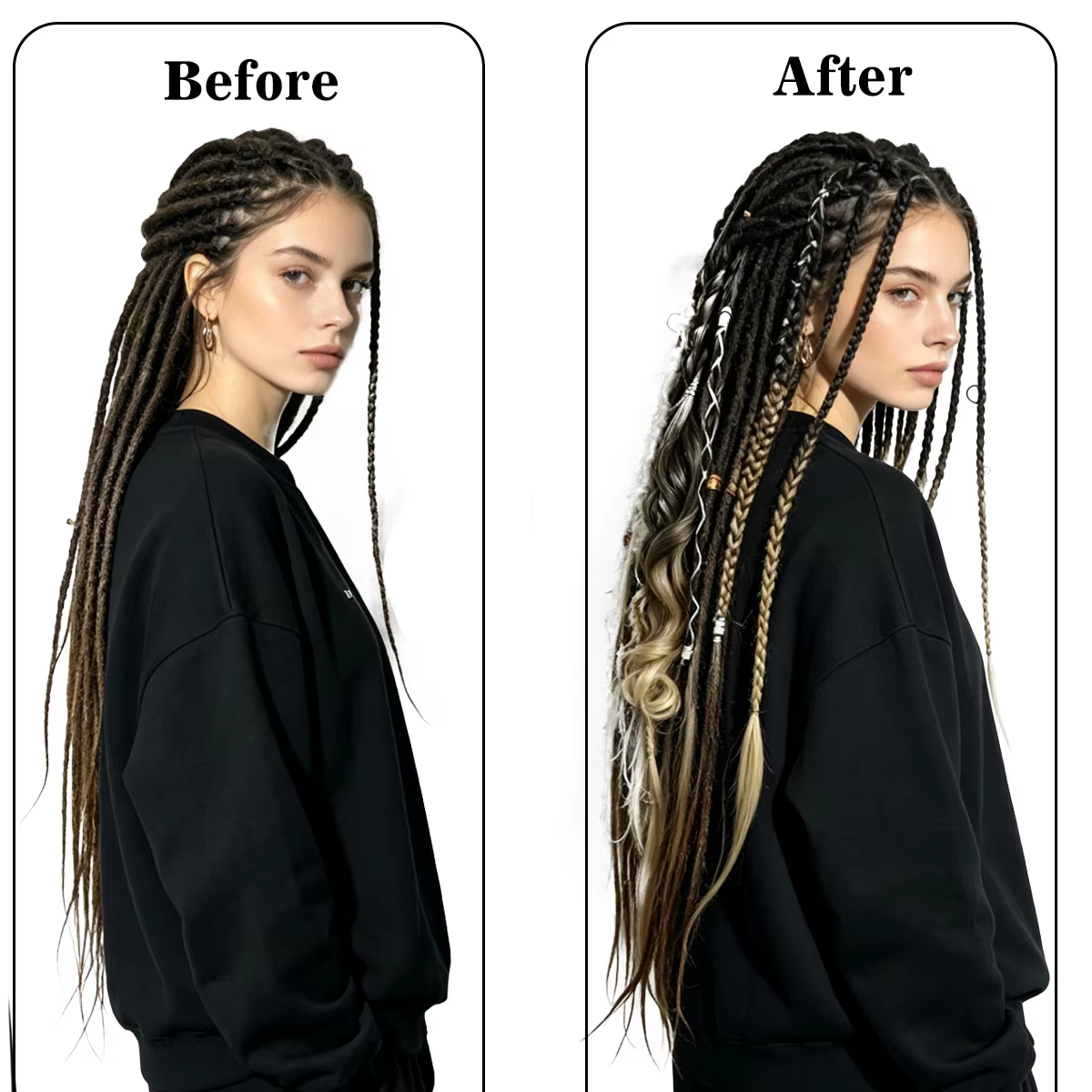 Queue de cheval ombrée synthétique tressée style bohème hippie avec perles en bois et décorations à pompons pour femme