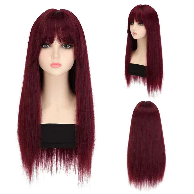 Perruque synthétique couleur vin rouge avec cheveux longs et raides pour Halloween