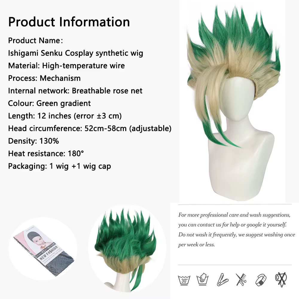 Anime Ishigami Senku ‌ ‌ Cosplay cheveux synthétiques Dr.Stone vert dégradé adapté aux fêtes quotidiennes jeu de rôle