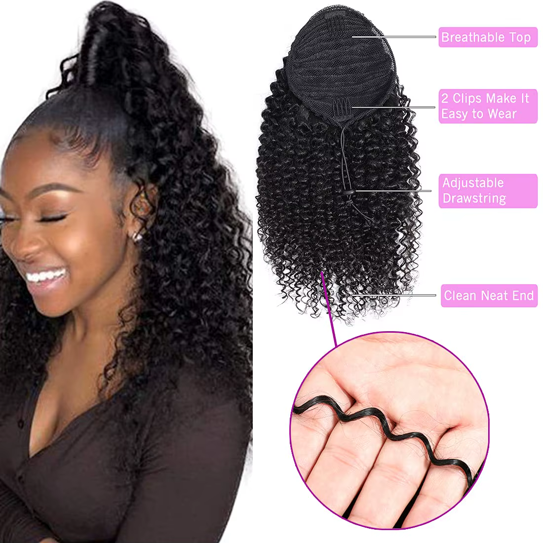 Extensions de cheveux humains bouclés crépus à clipser avec cordon de serrage
