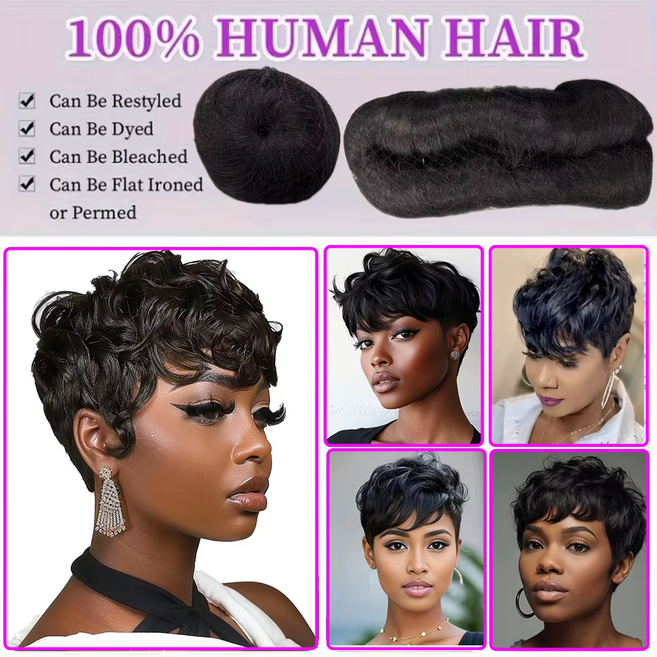 28 pièces extensions de cheveux humains courts brésiliens # 1B un paquet pour une tête complète 100% paquets