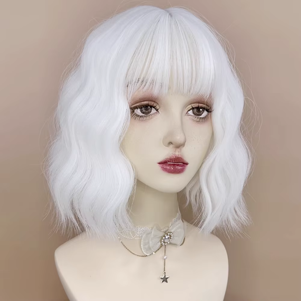 MSIWIGS – perruque synthétique courte ondulée blanche bouclée avec frange pour femmes